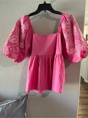 THML Pink Embroidered Puff-Sleeve Peplum Top